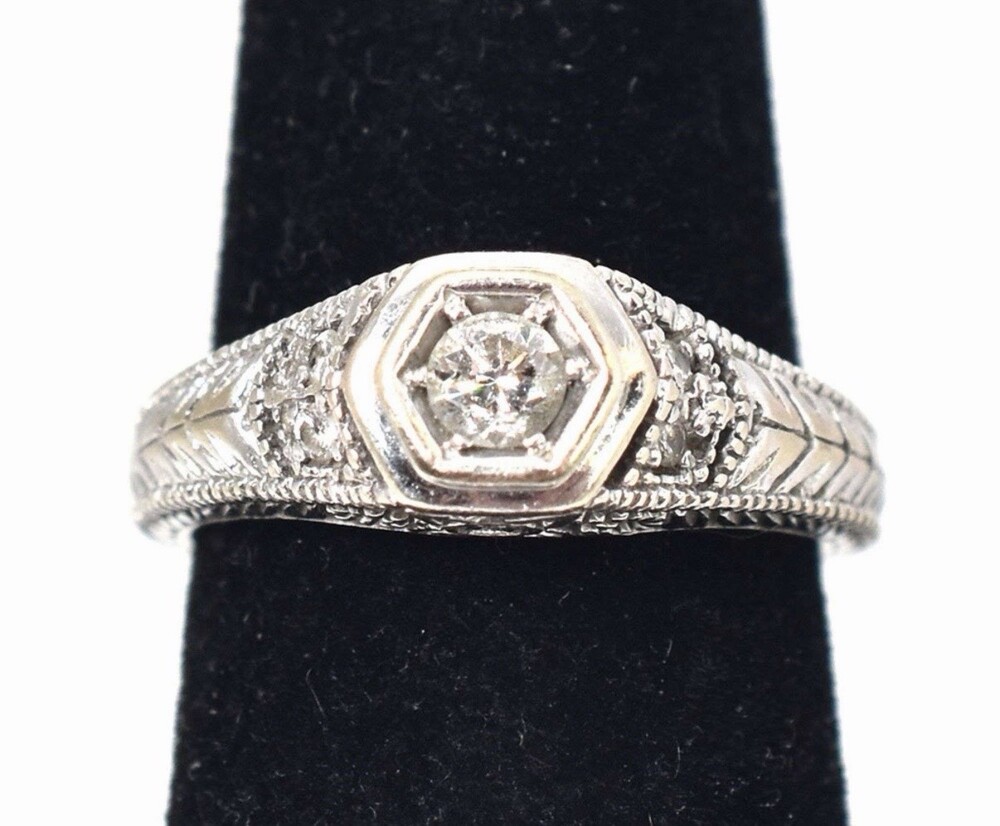 Vintage Sparkling 14K White Gold Diamond Ring, Size 4.5, Engagement Ring